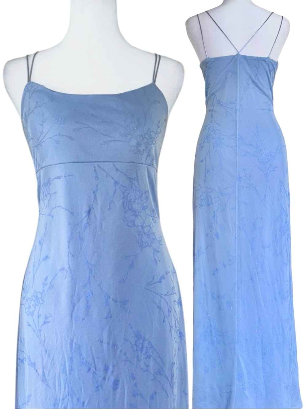 Powder Blue Vintage Y2K Floral Sparkle Maxi Slip Dress